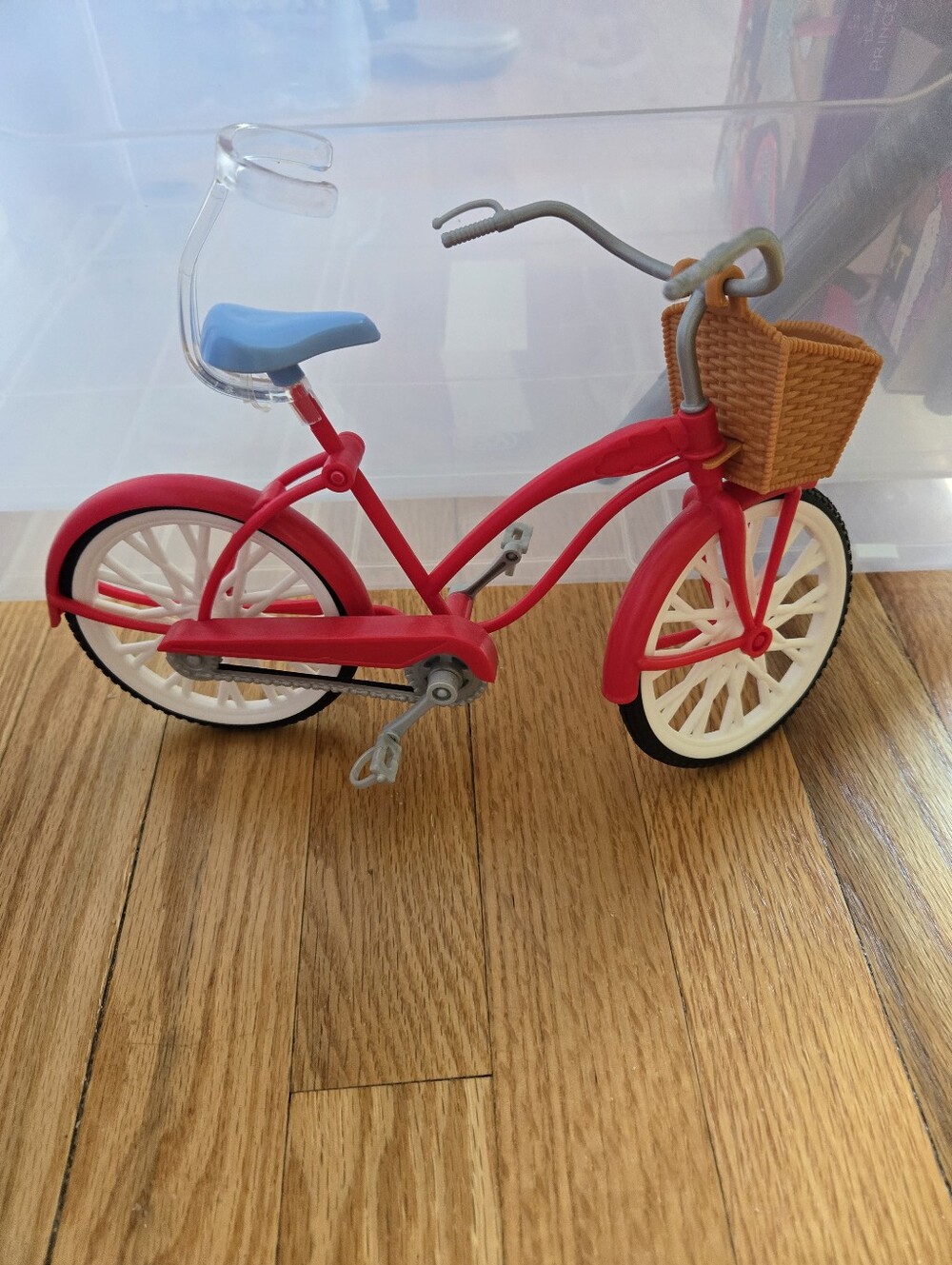 Red Kids Toy Bicycle with Blue Seat and Wicker Basket